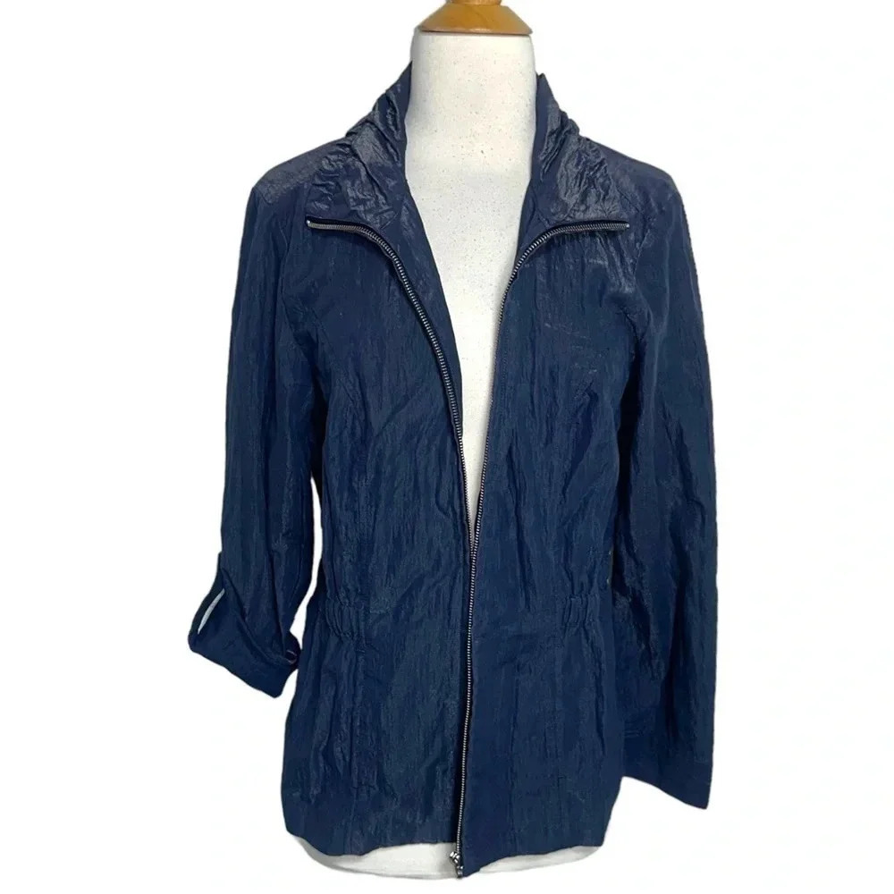 Christopher + Banks S metallic blue wrinkled lightweight jacket
